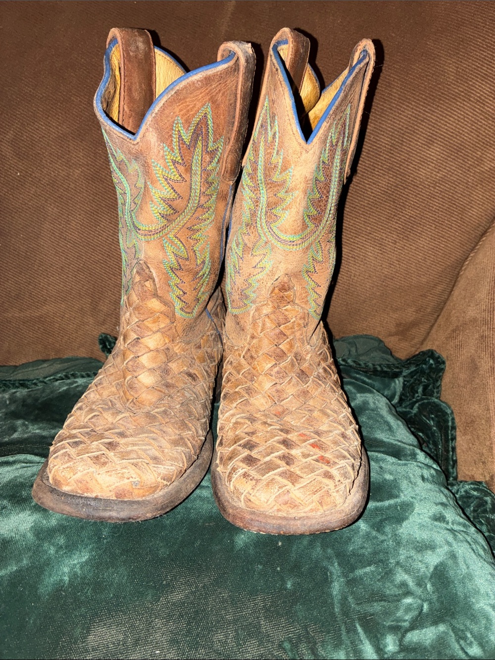 Anderson Bean Brown Woven Kids Cowboy Boots with Green Stitching